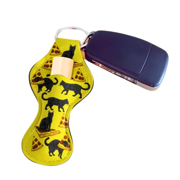 🍁3/$10 🍕Pizza Cat Chapstick Holder Keychain Neoprene Lip Balm Holder NWT - Picture 1 of 8